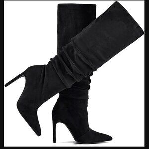 Black Suede Knee-High Stiletto Boots